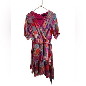 Tahari Fuchsia Multicolor Floral High-Low Wrap Dress